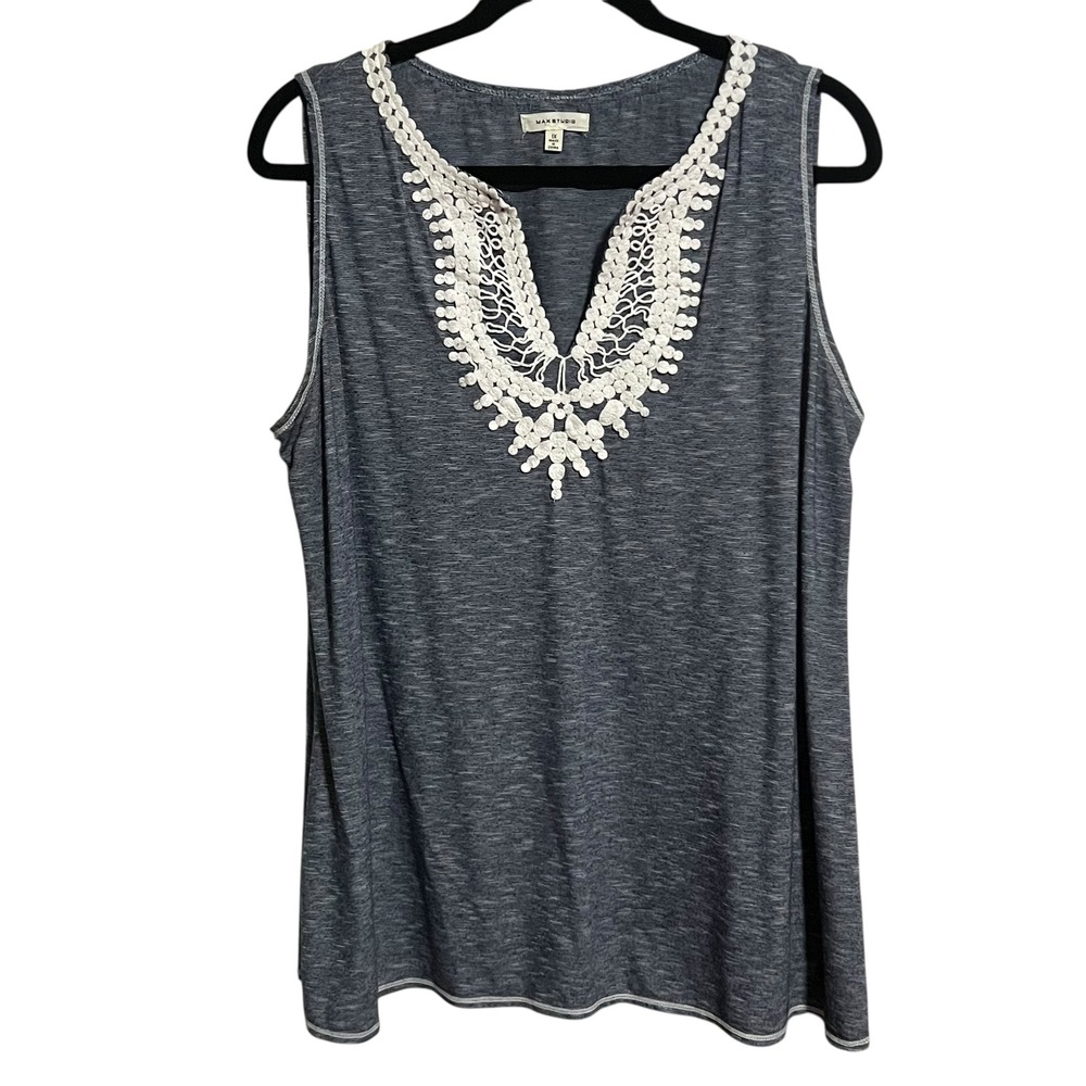 Max Studio Women's Size 1X Gray Sleeveless V-Neck Crochet‎ Trim Tank Top Navy